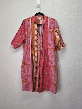 Niza Lmtd Edt. Pink Patchwork Boho Shirt Dress 46 US 12 Mandarin Pleated Linen
